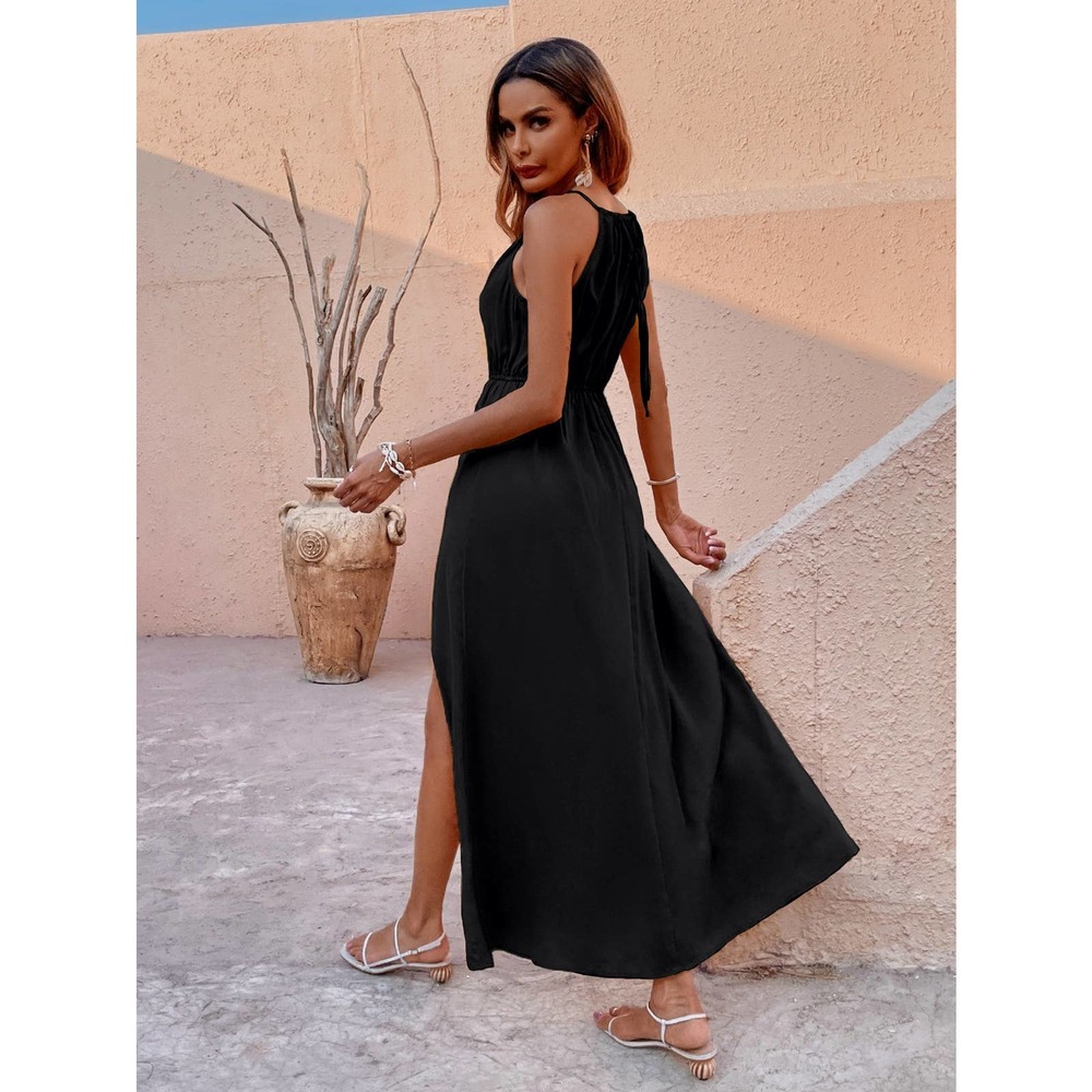 Split Thigh Halter maxi Dress black boho - Picture 2 of 4